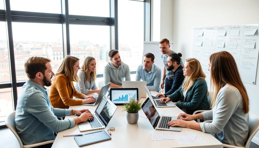 Digital marketing team working in a modern office in Porto - small business ideas in Portugal for foreigners