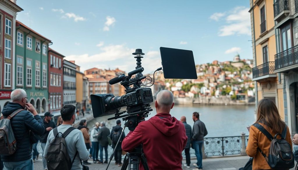 Film crew shooting in historic district of Porto, Portugal