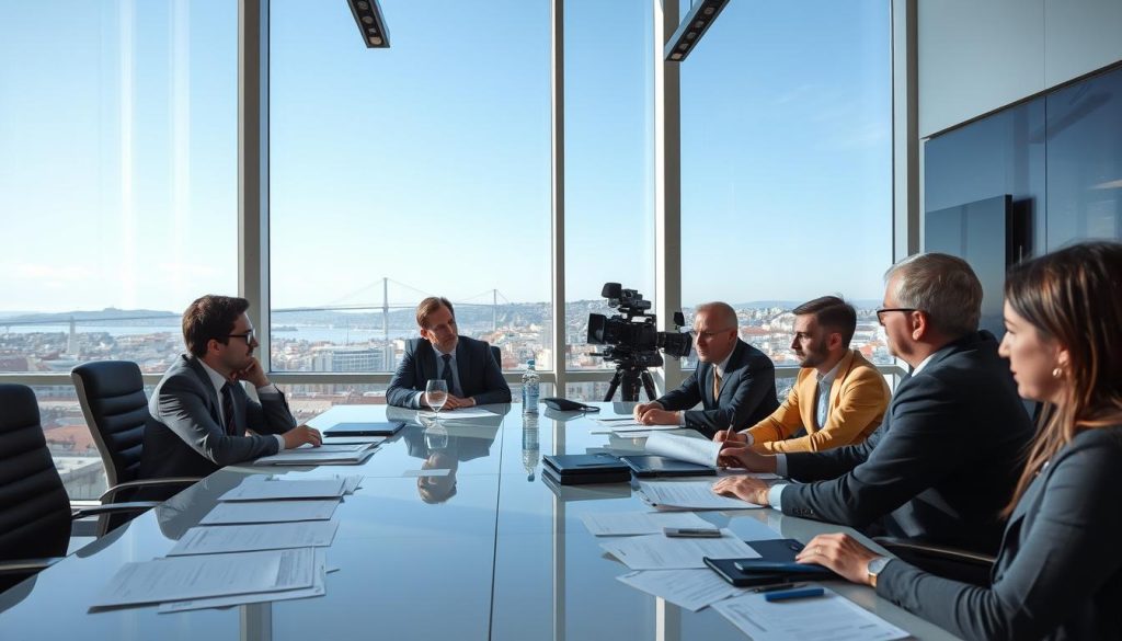 Film production meeting in a Portuguese office with legal documents