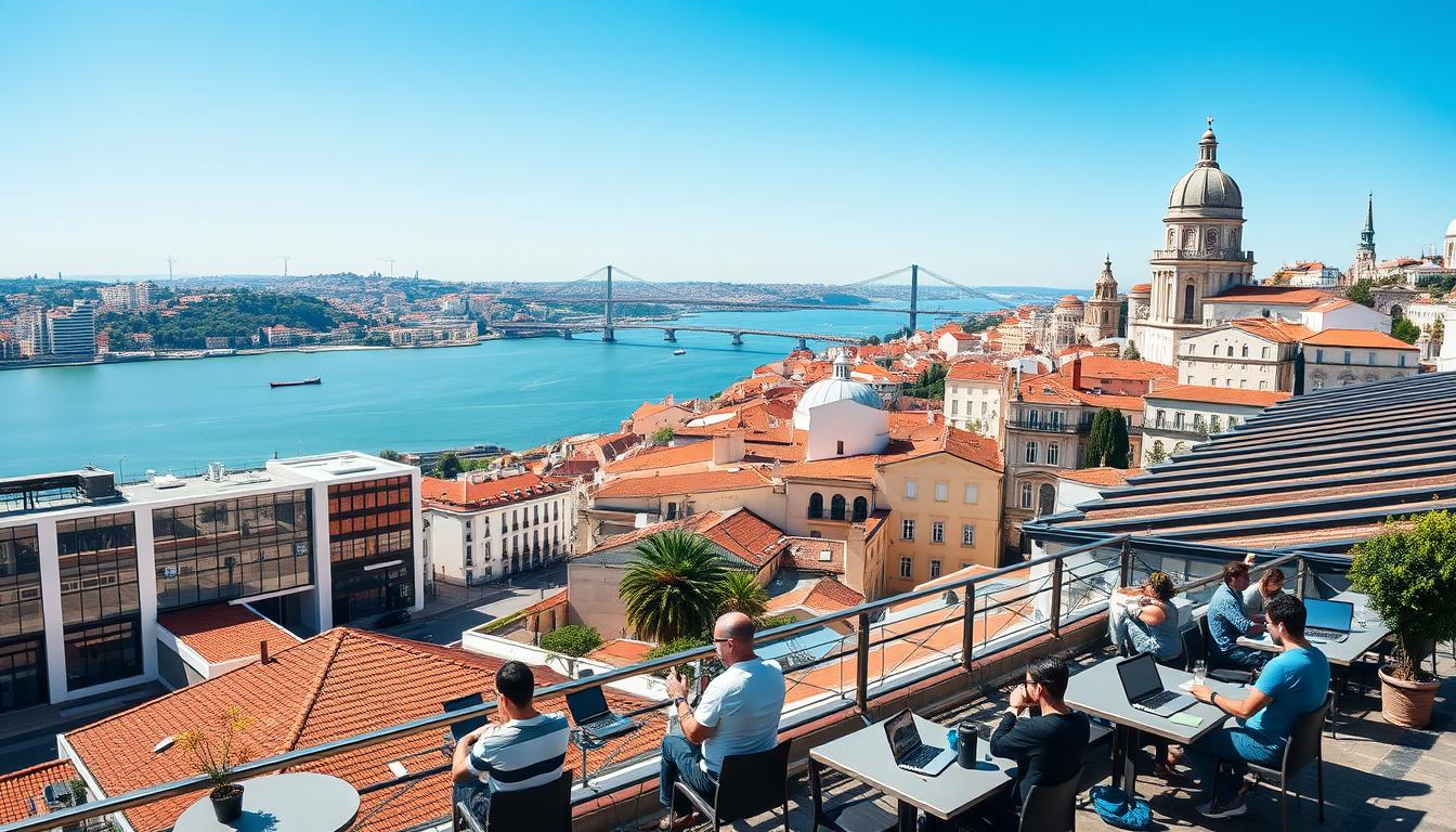 Lisbon business district with entrepreneurs working in cafes - small business ideas in Portugal for foreigners