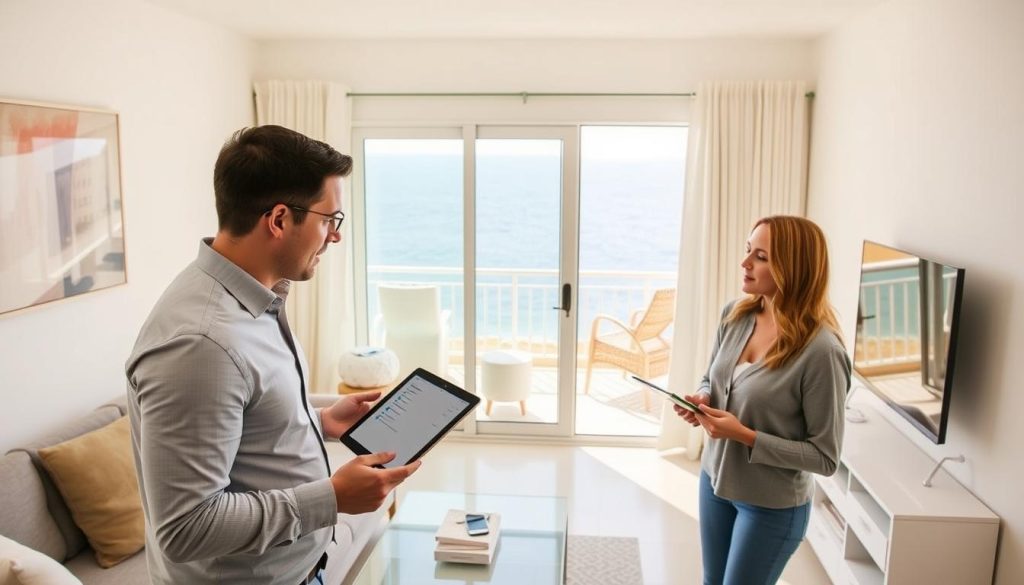 Property manager showing a vacation rental apartment in Algarve to clients - small business ideas in Portugal for foreigners