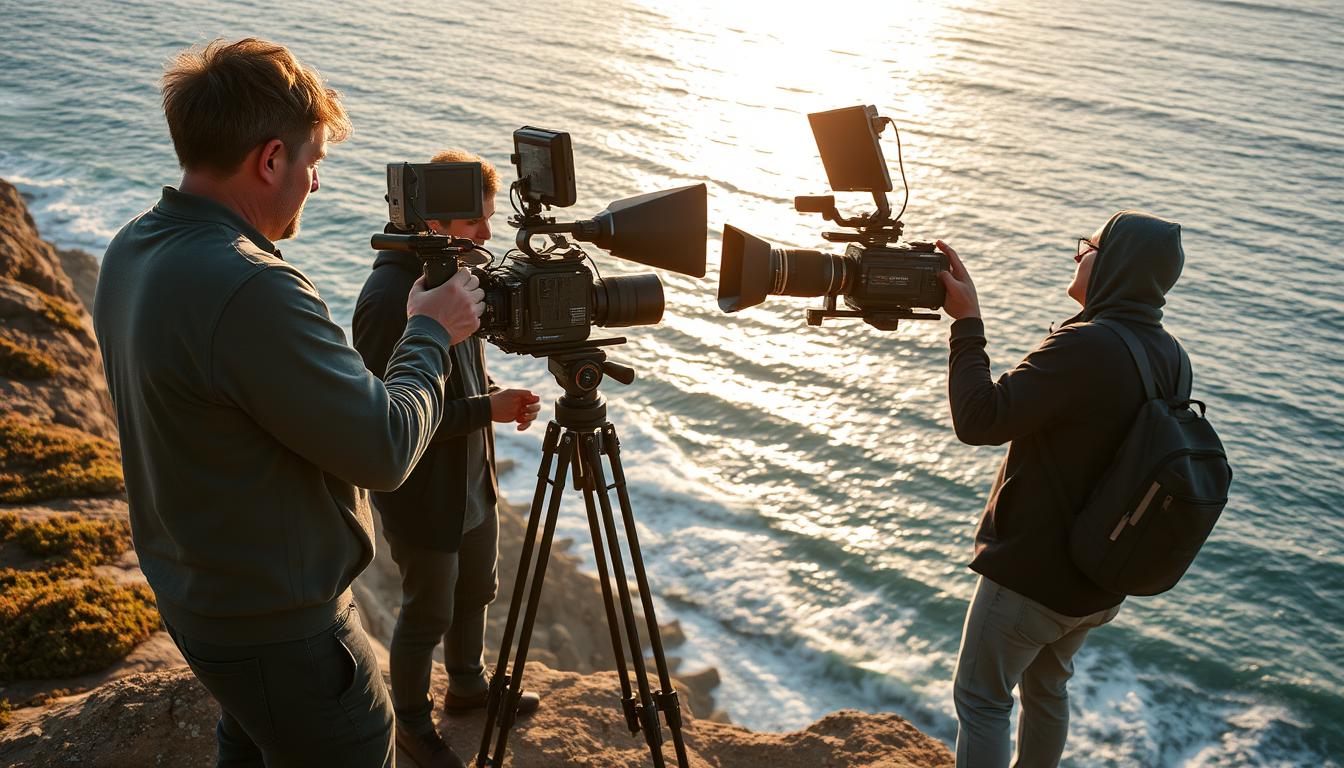 Scenic coastal filming location in Portugal with film crew setting up equipment