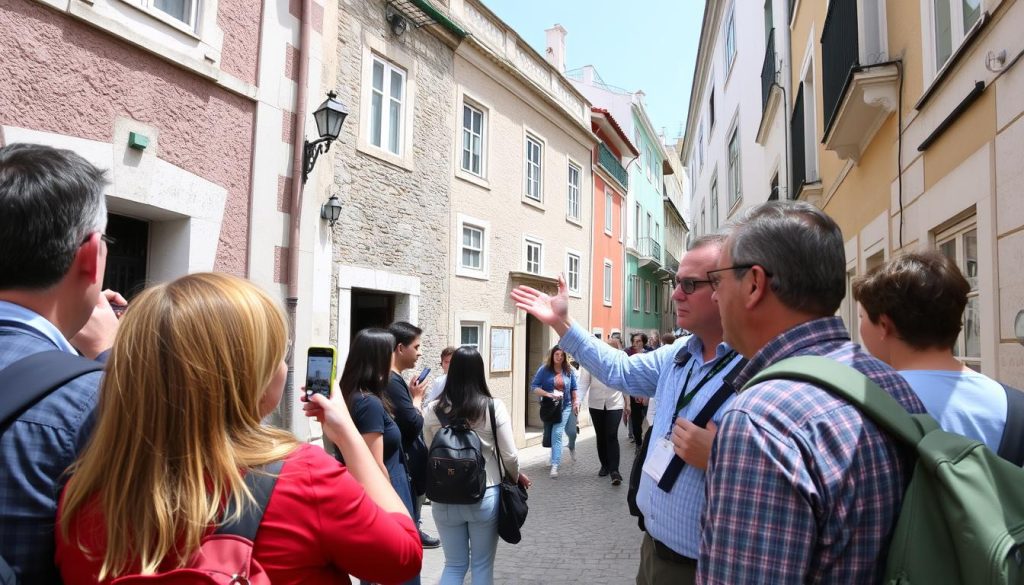 Tour guide showing tourists around Lisbon's historic district - small business ideas in Portugal for foreigners
