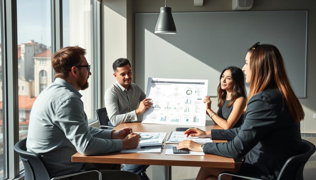 Business meeting in Portugal discussing different company structures with documents and charts Business meeting in Portugal discussing different company structures with documents and charts