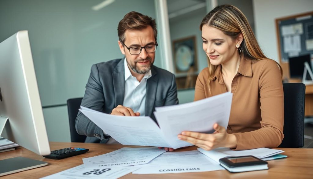 Business owner reviewing Portuguese tax documents with an accountant Business owner reviewing Portuguese tax documents with an accountant