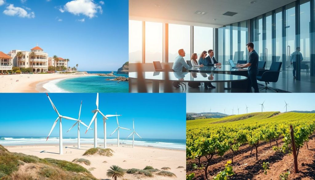 Collage showing various promising industries in Portugal including tourism, tech, and renewable energy Collage showing various promising industries in Portugal including tourism, tech, and renewable energy