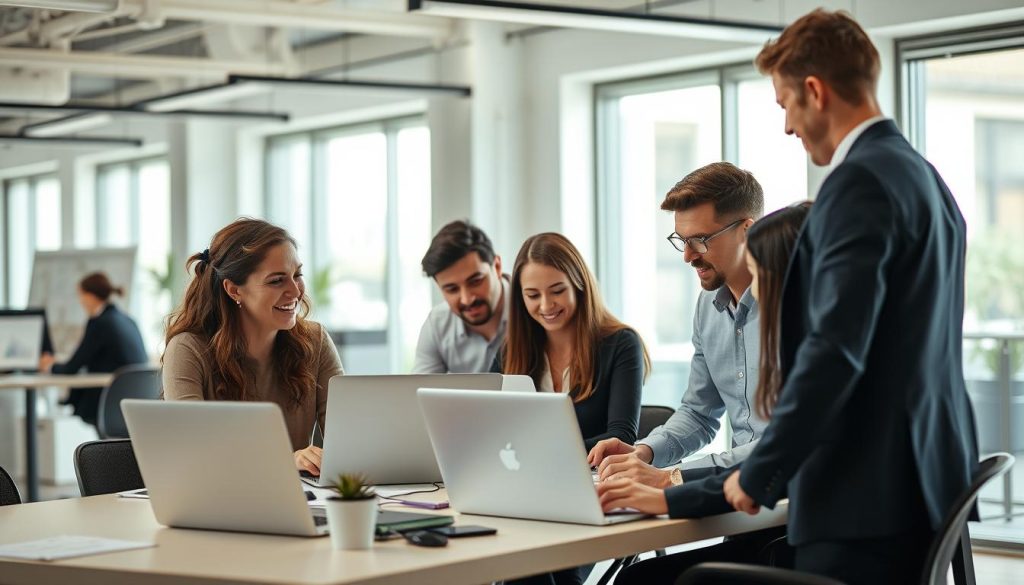 Diverse team of employees working in a modern Portuguese office space Diverse team of employees working in a modern Portuguese office space
