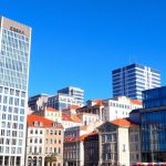 Lisbon business district with modern office buildings and traditional architecture, showcasing Portugal as a business destination