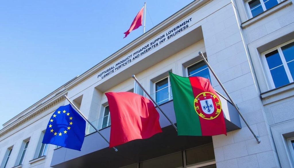 Portuguese government building with EU and Portuguese flags representing support programs for businesses Portuguese government building with EU and Portuguese flags representing support programs for businesses