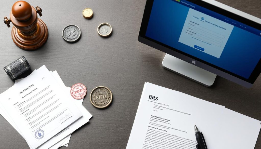 Step-by-step process of registering a business in Portugal showing documents and official stamps Step-by-step process of registering a business in Portugal showing documents and official stamps