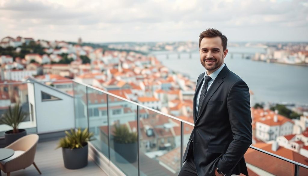 Successful foreign entrepreneur overlooking Lisbon from a rooftop office terrace Successful foreign entrepreneur overlooking Lisbon from a rooftop office terrace